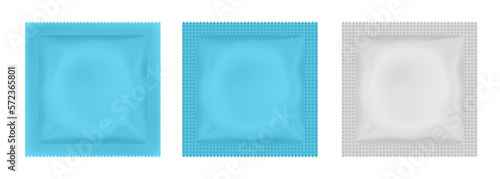 Light blue condom packaging mockup. Contraception method, safe love. Foil pouch	