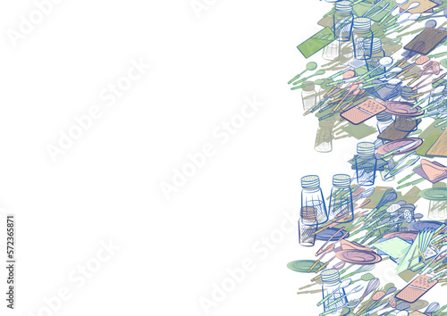Background pattern abstract design texture. Cutlery and Table setting. Vertical seamless stripe. Border frame, transparent background. Theme is about tree, table set, meat hammer, whisk