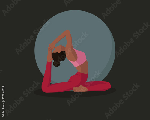 Black girl with brown hair doing yoga pilates gymnastics sport fitness in pale pink top and pink leggings in faceless style on dark background with circle