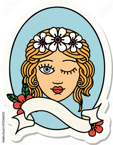 Tablou pe pânză tattoo sticker with banner of a maiden with crown of flowers winking