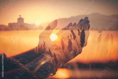 A hand human prays against the backdrop of the sunset