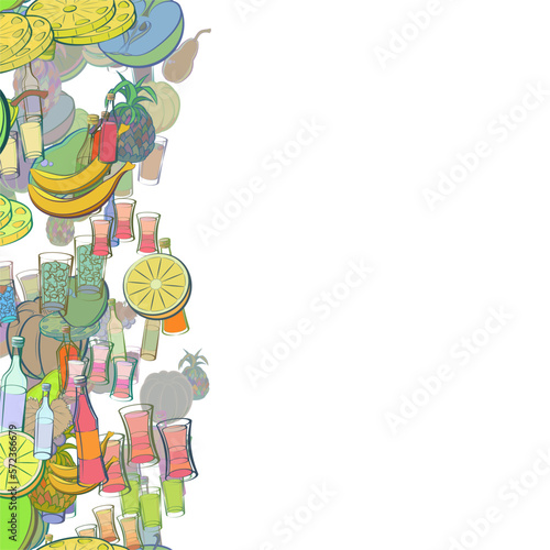 Background pattern abstract design texture. Alcohol and Fruits. Vertical seamless stripe. Border frame, transparent background. Theme is about couple, bottle, vodka, whiskey, grapes, tonic