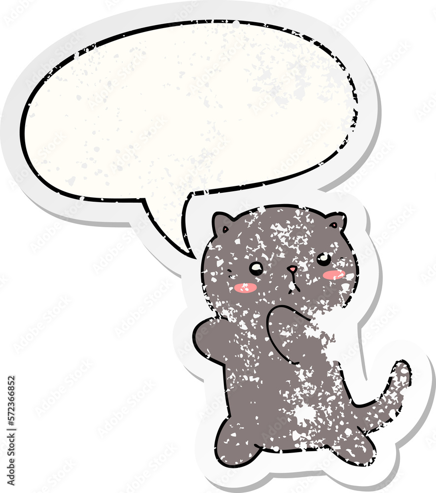 cute cartoon cat and speech bubble distressed sticker
