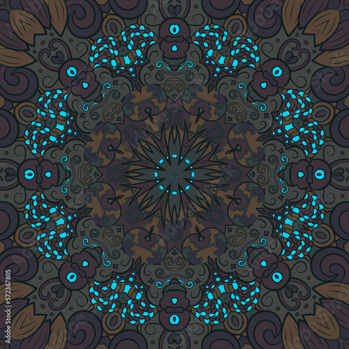 Seamless tile texture. Tracery mehndi design image. Dark toxic colors. Ethnic doodle art. Curved doodling picture. Vector