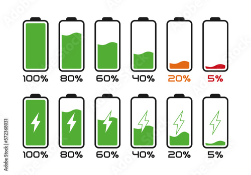 Battery level indicators in percentage. Battery life indicator symbols 0-100 percent.  Smartphone or laptop charging illustration.