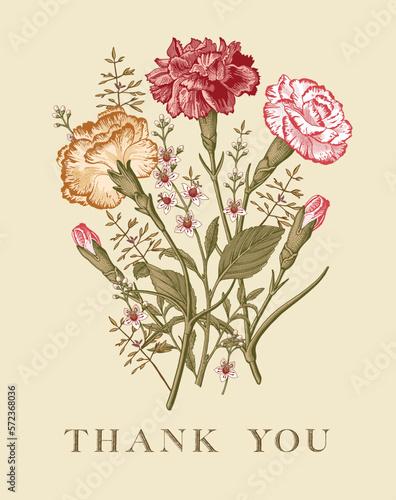 Wedding bouquet. Thank You. Beautiful blooming flowers. Vintage greeting card. Frame. Drawing, engraving. carnation isolated floral. Wallpaper background. Vector illustration