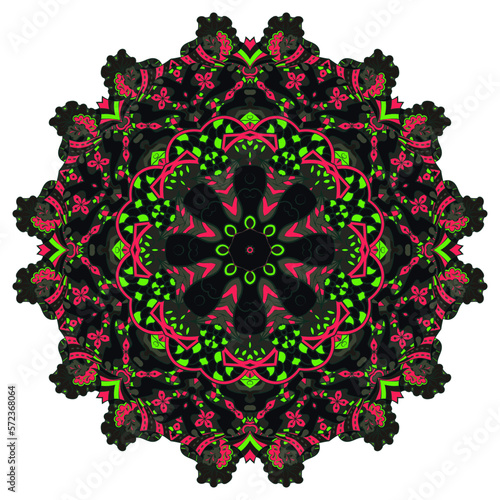 Mandala. Tracery wheel image. Mehndi design. Dark toxic colors. Ethnic doodle art. Curved doodling picture. Vector