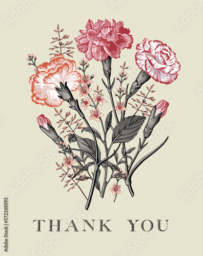 Wedding bouquet. Thank You. Beautiful blooming flowers. Vintage greeting card. Frame. Drawing, engraving. carnation isolated floral. Wallpaper background. Vector illustration