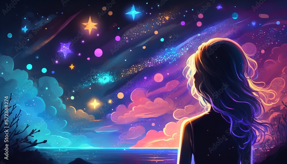 Illustration shows a youngster gazing up at a galaxy flickering in the night sky as inspiration for a prayer with the themes of hope, love, and peace. Generative Ai.
