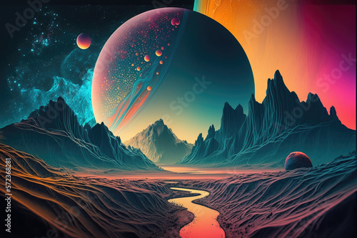 abstract fantasy landscape in multi colors planet with stars, generative Ai photo