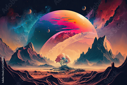 abstract fantasy landscape in multi colors planet with stars, generative Ai