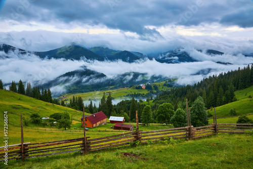 Majestic mountains landscape under morning sky with clouds. Overcast sky before storm. Carpathian, Ukraine