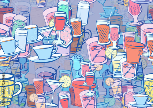 Background pattern abstract design texture. Seamless. Drinks. Theme is about saucer, drinking straw, cherries, kvass, soda, compote, bubbles, stand, soda can, Martini, beer, alcohol, coffee