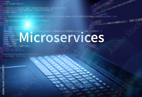 Microservices inscription in abstract digital background. Programming language, computer courses, training.
