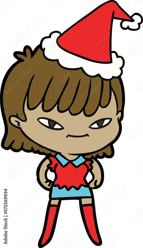line drawing of a woman wearing santa hat