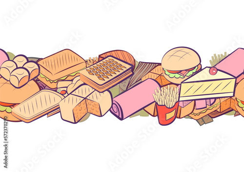 Background pattern abstract design texture. American food and Bakery products. Horizontal seamless stripe. Border frame, transparent background. Theme is about divided, a stack, waffles