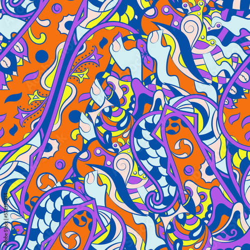 Tracery seamless pattern. Mehndi design. 6 colors. Ethnic doodle texture. Curved doodling background. Vector