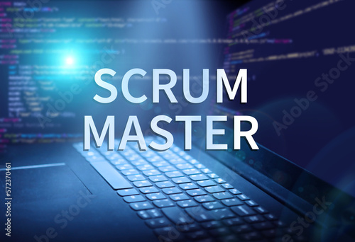 SCRUM MASTER inscription in abstract digital background. Programming language, computer courses, training.