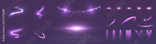 Set of light purple effect of bright lights, garlands, spotlights, comet lights. Sunlight burst. PNG raiding. photo