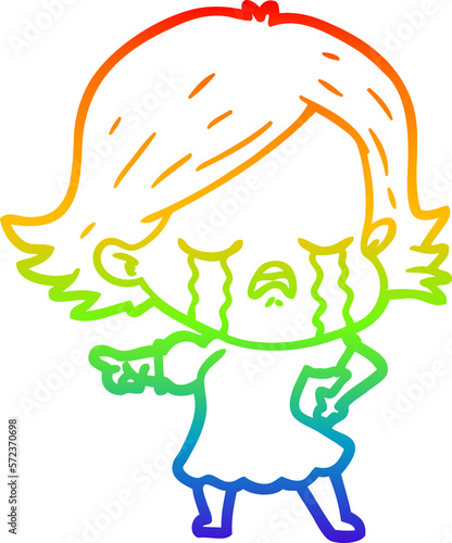 rainbow gradient line drawing cartoon girl crying and pointing