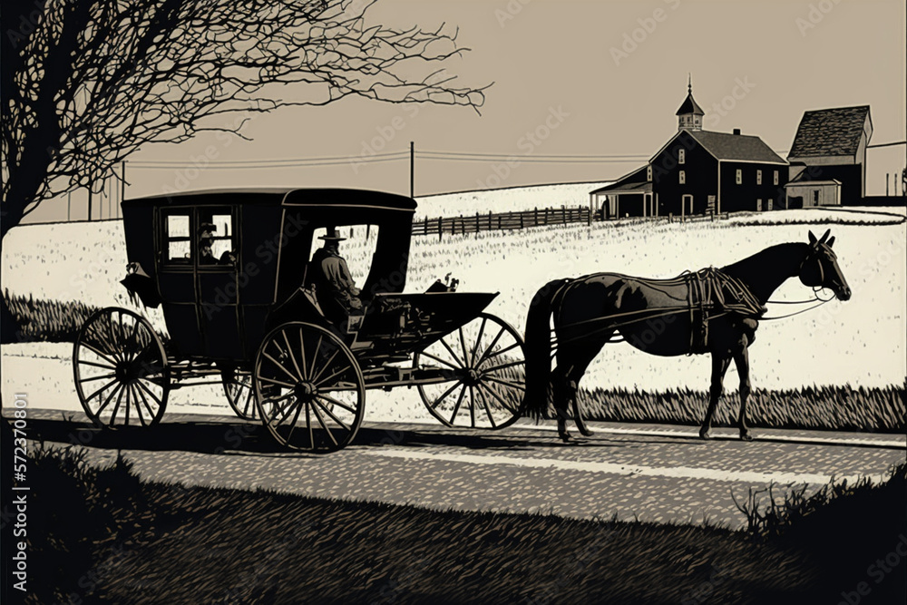 Amish horse and buggy in stark duotone illustration.
