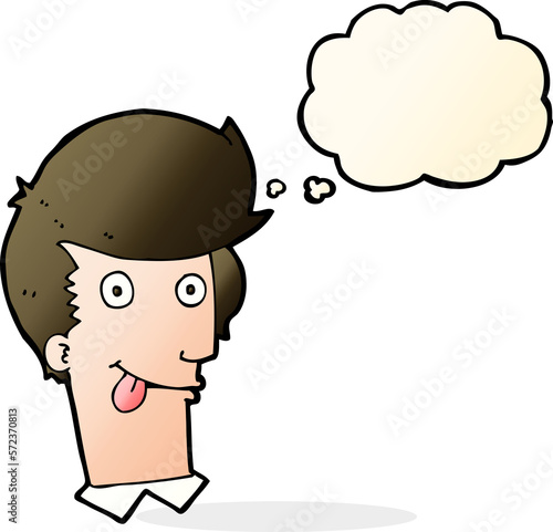 cartoon man with tongue hanging out with thought bubble