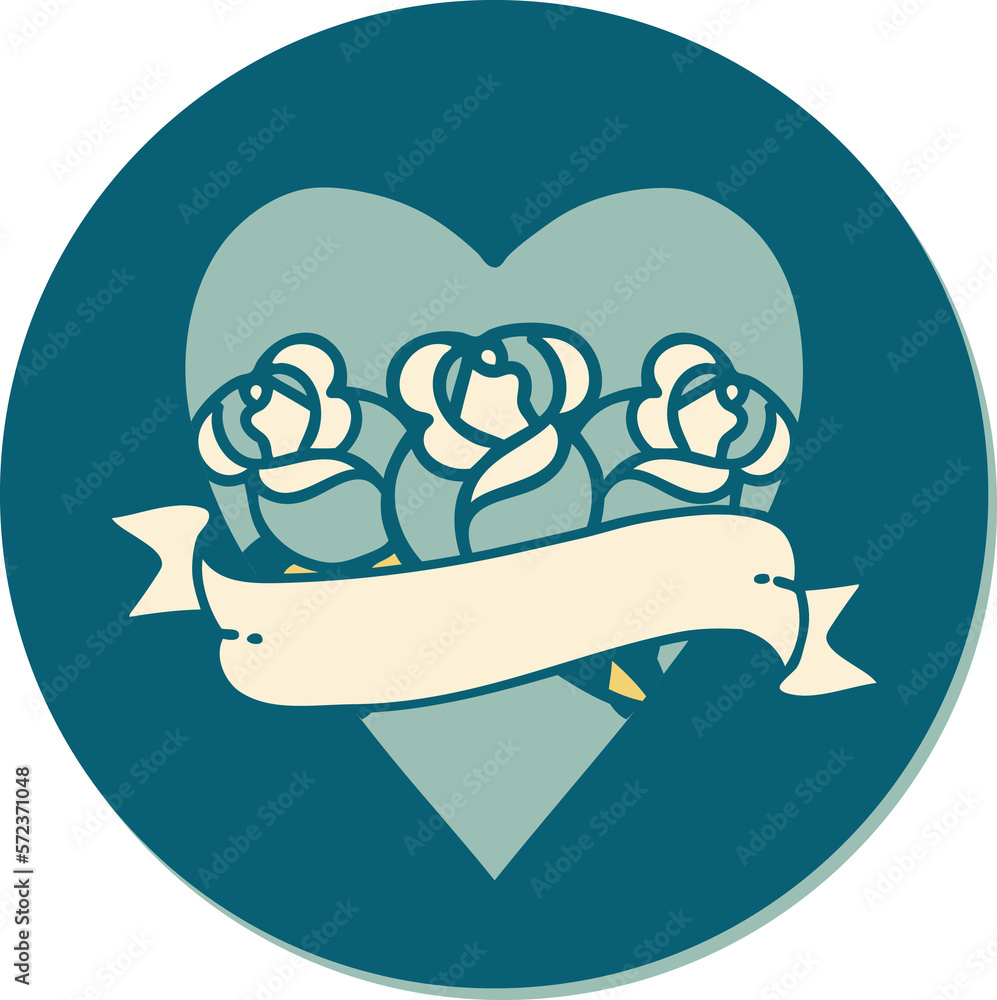 tattoo style sticker of a heart and banner with flowers tattoo style sticker of a heart and banner with flowers