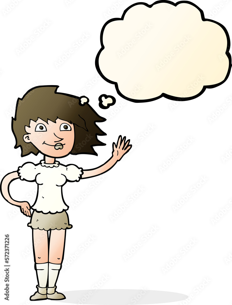 cartoon woman waving with thought bubble cartoon woman waving with thought bubble
