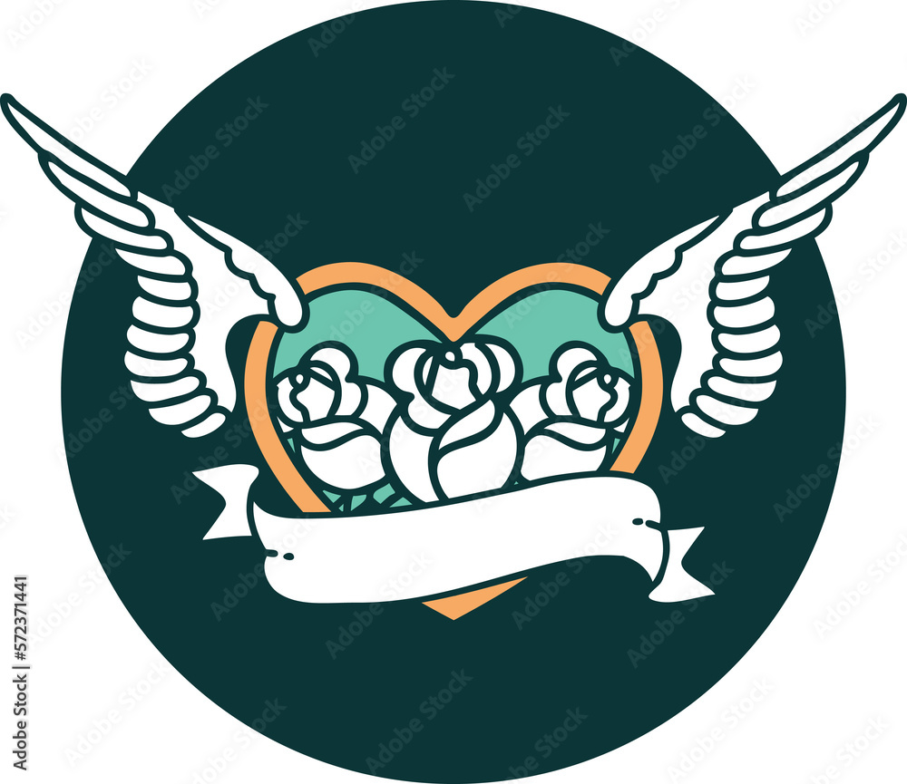 tattoo style icon of a flying heart with flowers and banner tattoo style icon of a flying heart with flowers and banner