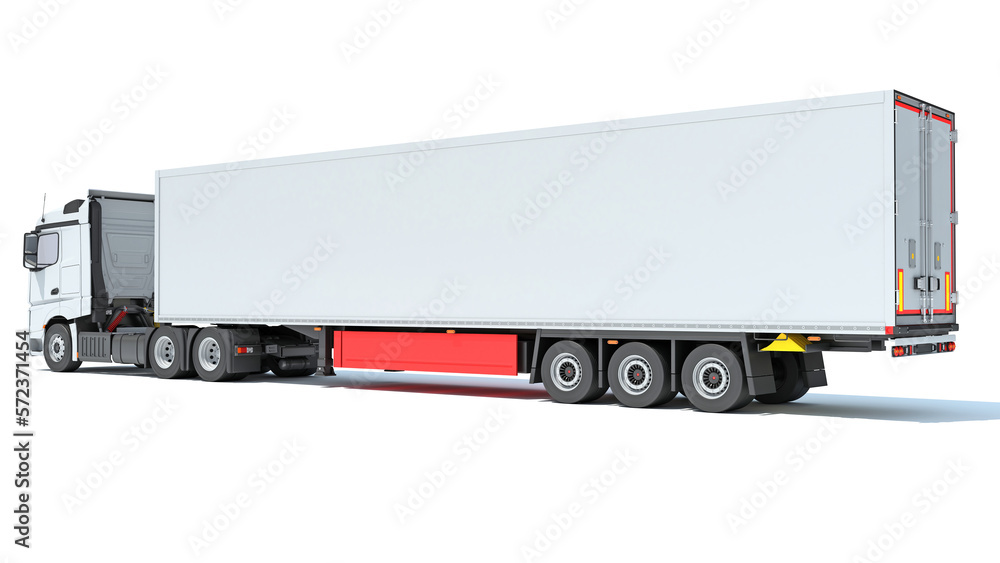 Truck with Reefer Refrigerator Trailer 3D rendering on white background Truck with Reefer Refrigerator Trailer 3D rendering on white background