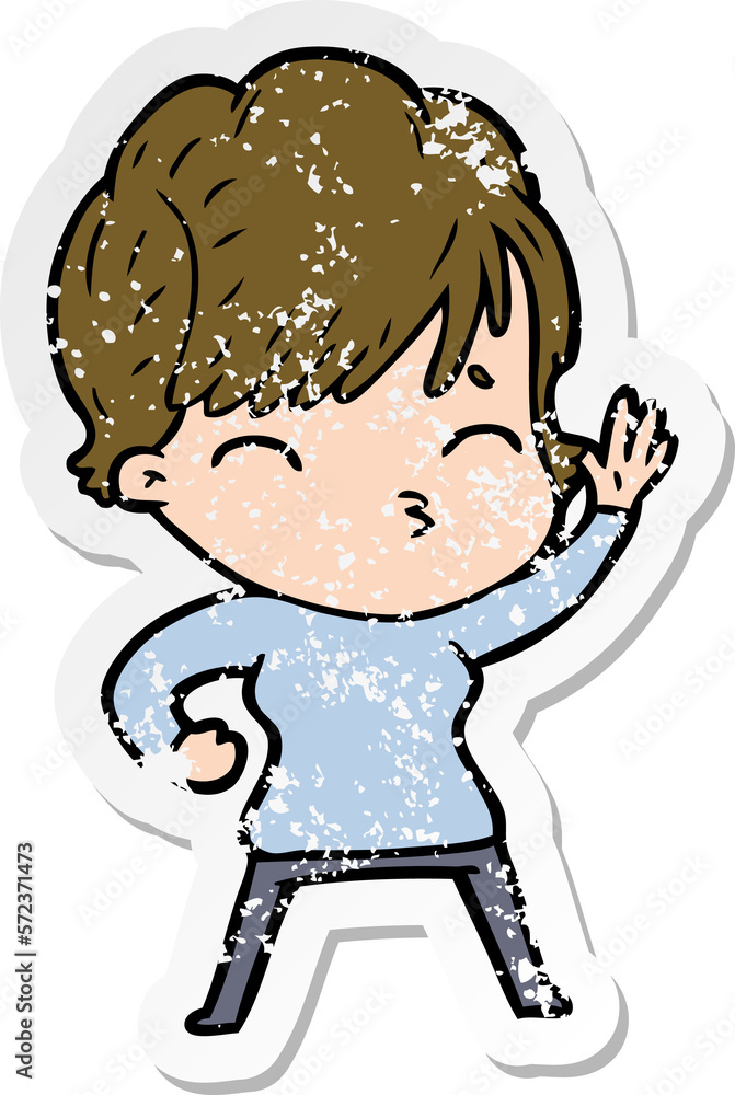 distressed sticker of a cartoon woman thinking distressed sticker of a cartoon woman thinking