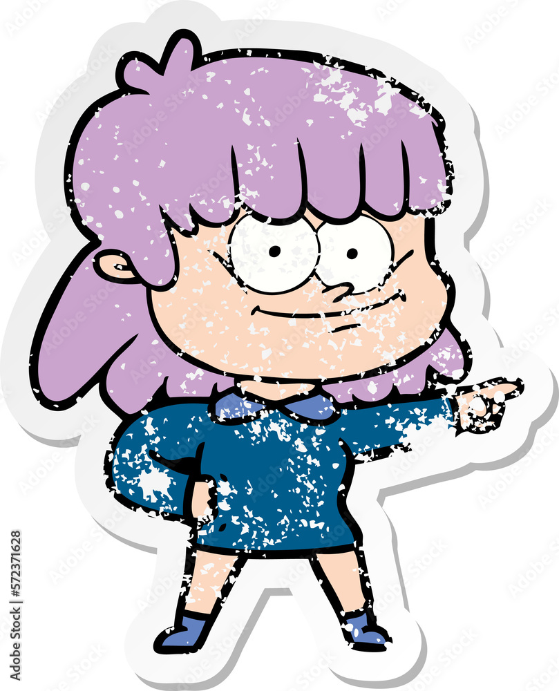 distressed sticker of a cartoon girl smiling distressed sticker of a cartoon girl smiling