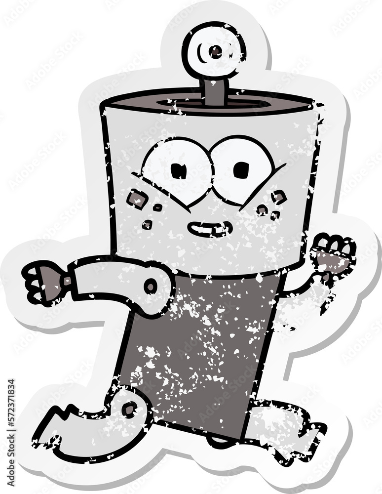 distressed sticker of a happy cartoon robot distressed sticker of a happy cartoon robot