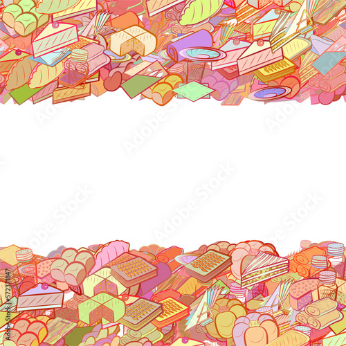 Background pattern abstract design texture. Table setting and Bakery products. Horizontal seamless stripes. Border frame, transparent background. Theme is about piece, divided, roll, lush
