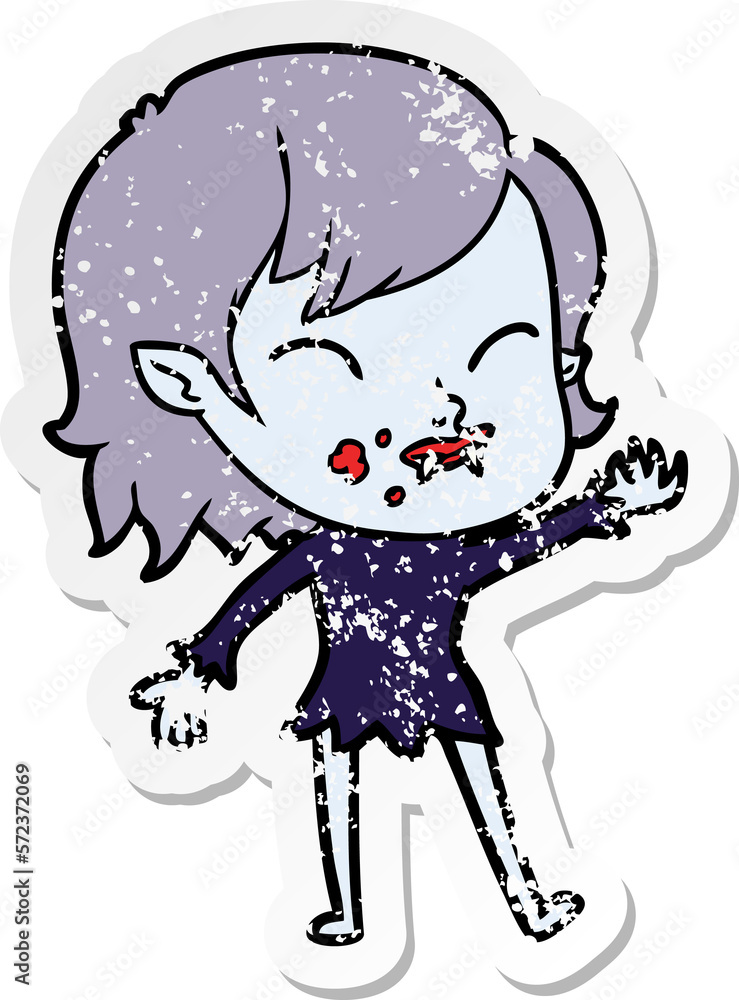 distressed sticker of a cartoon vampire girl with blood on cheek distressed sticker of a cartoon vampire girl with blood on cheek