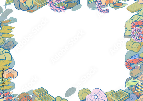Background pattern abstract design texture. Bakery products and Seafood. Border frame, transparent background. Theme is about a stack, round, bread, mussels, fish, pancakes, dissected, sea