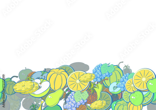 Background pattern abstract design texture. Fruits. Horizontal seamless stripe. Border frame, transparent background. Theme is about peel, cut, fetus, half, whole, lobules, Apple, incision