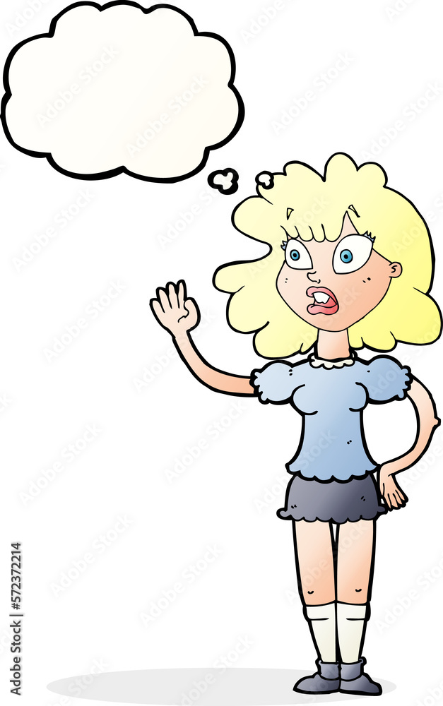 cartoon worried woman waving with thought bubble cartoon worried woman waving with thought bubble