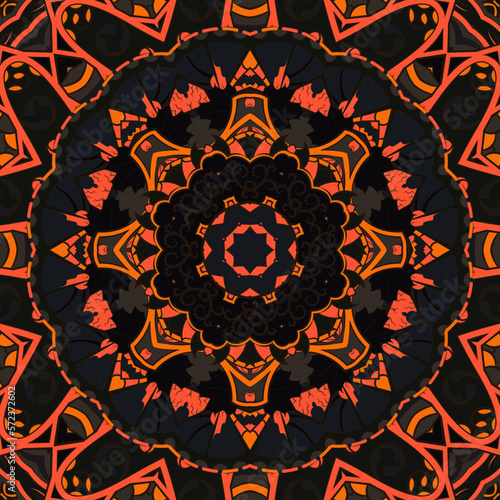 Seamless tile texture. Tracery mehndi design image. Dark toxic colors. Ethnic doodle art. Curved doodling picture. Vector