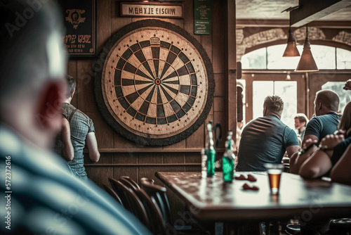 dart game in a restaurant, bar, rear view of a persons sitting, generative ai