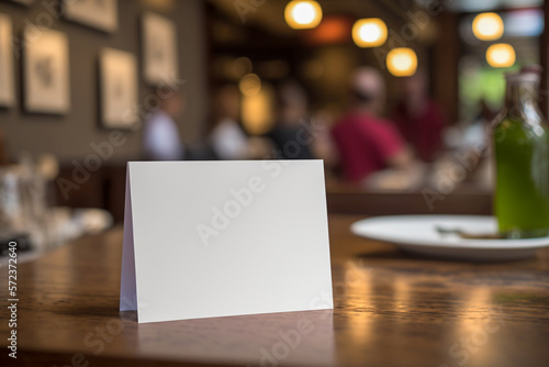 Mockup white blank card on restaurant table, generative ai