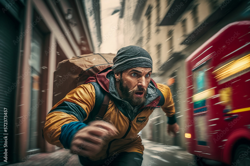 the delivery man dashes throgh the street of the city, velocity, generative ai the delivery man dashes throgh the street of the city, velocity, generative ai