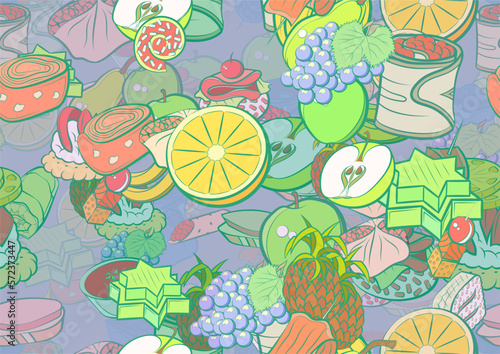 Background pattern abstract design texture. Seamless. Fruits and Snacks. Theme is about biscuit, bacon, stick, onigiri, peel, cherry, covered, marshmallows, satiety, sandwich, Khinkali, couple