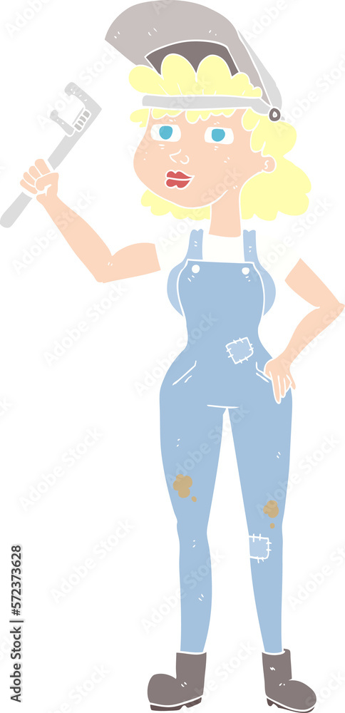 flat color illustration of a cartoon capable woman with wrench