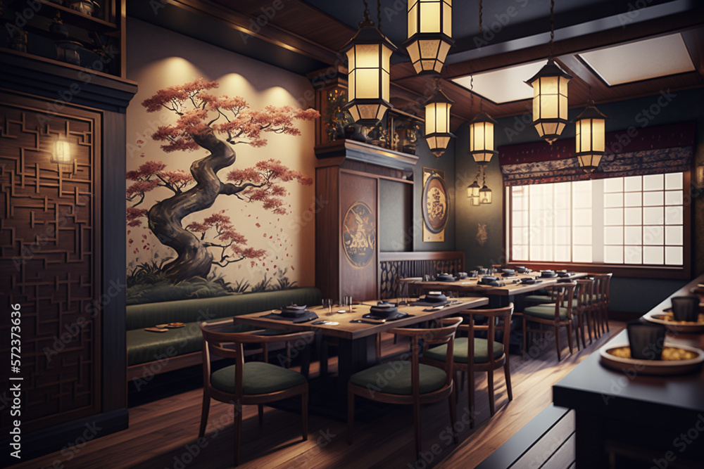 Fancy asian restaurant interior design, generative ai