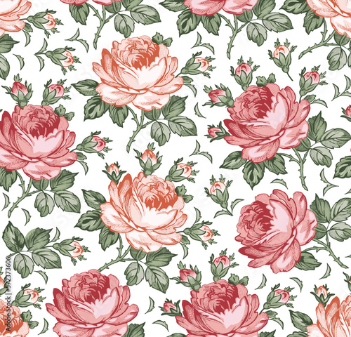 Seamless pattern Roses. Beautiful blooming realistic isolated flowers. Vintage background fabric wildflowers. Wallpaper baroque. Drawing engraving sketch Vector illustration