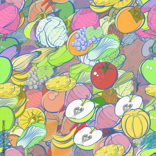 Background pattern abstract design texture. Seamless. Health food and Fruits. Theme is about washed, beet, heads, cob, vitamin C, bunch, couple, fetus, a stack, bananas, Apple, nutritious