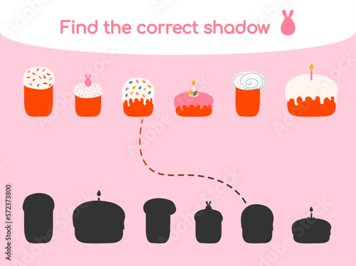 Find the correct shadow. Kids educational game. Cute Easter cakes of different shapes and sizes. Vector illustration for children books and magazines