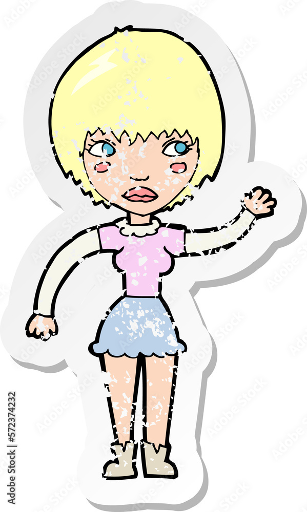 retro distressed sticker of a cartoon waving woman retro distressed sticker of a cartoon waving woman