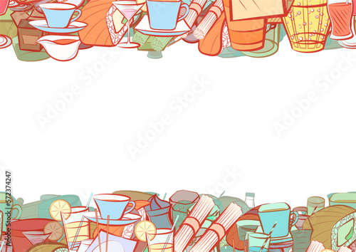 Background pattern abstract design texture. Drinks and Japanese food. Horizontal seamless stripes. Border frame, transparent background. Theme is about drinking tube, food sticks, bottle photo